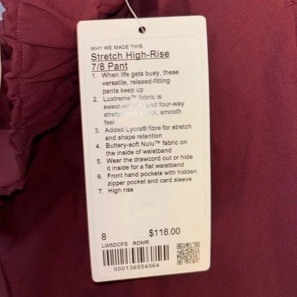 ✨NWT Lululemon Stretch High-Rise Pant 7/8 Length in Red Merlot - Picture 11 of 14